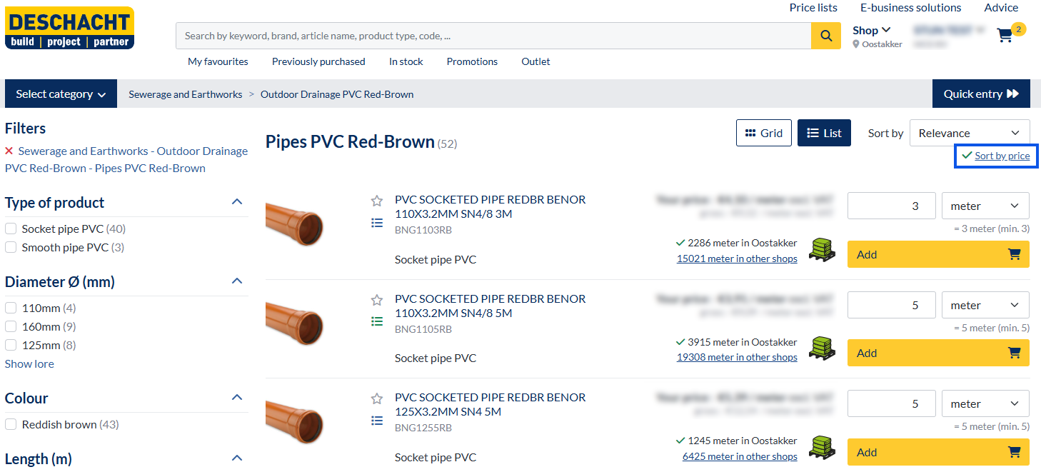 Sort products by price in the Deschacht webshop