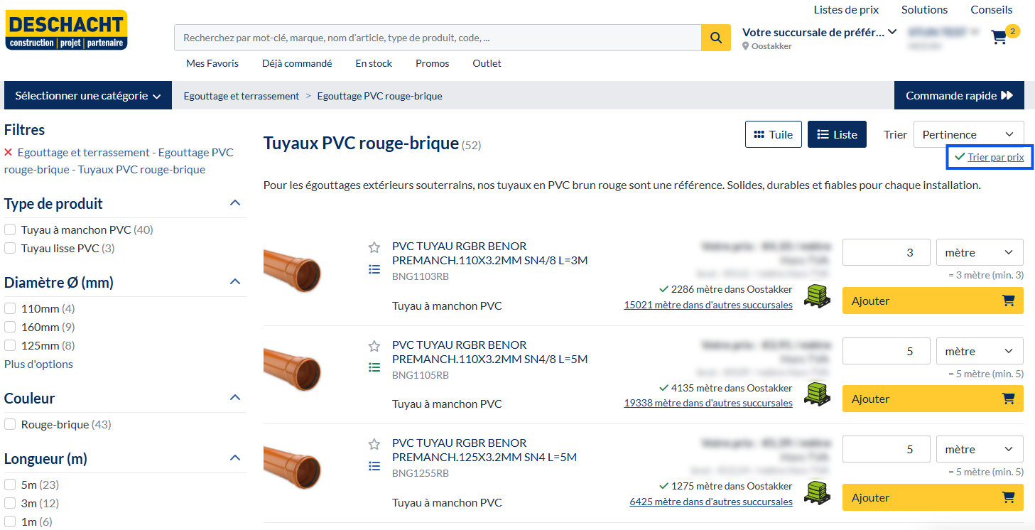 Trier les produits par prix dans la boutique en ligne Deschacht