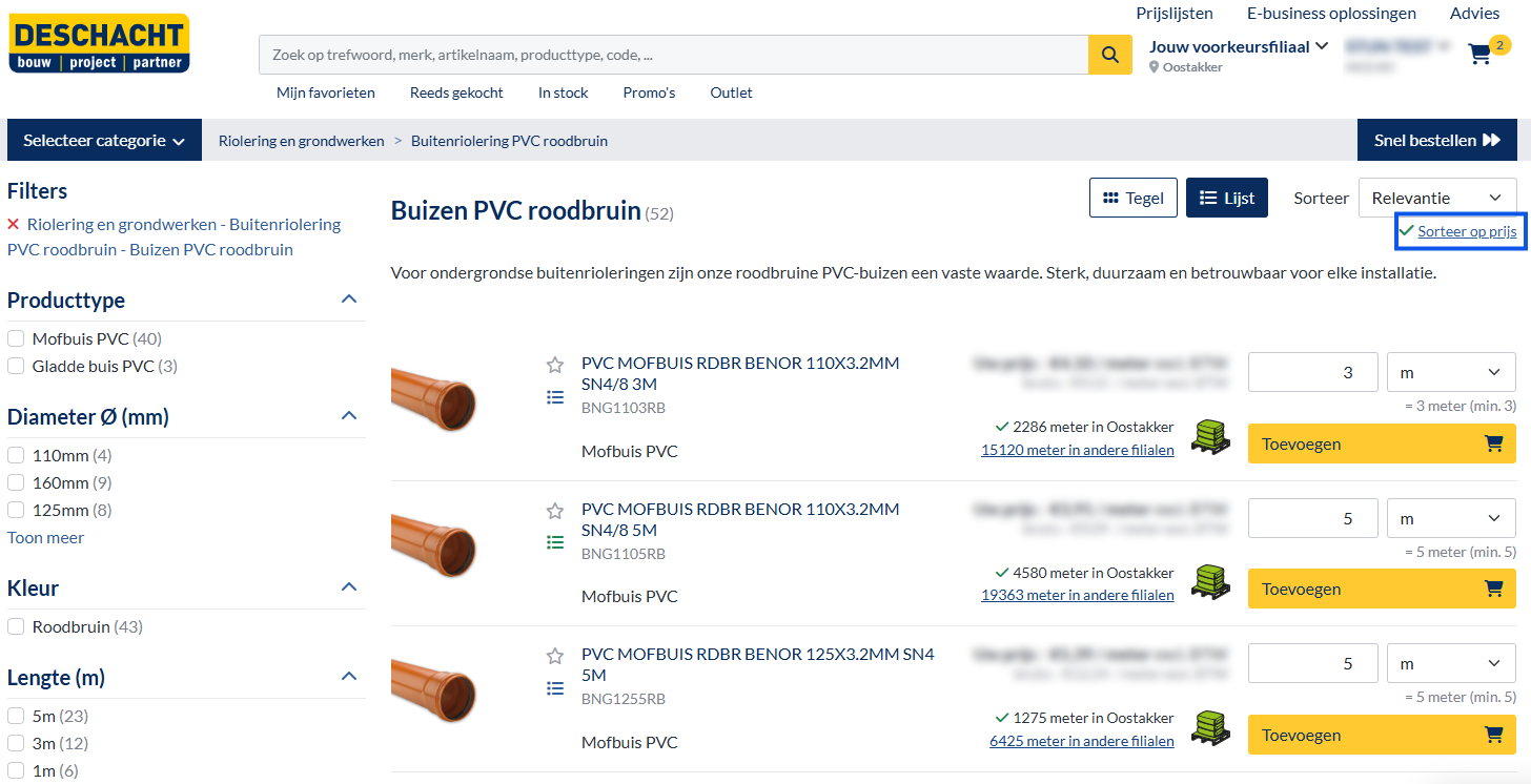 Producten sorteren op prijs in de Deschacht webshop