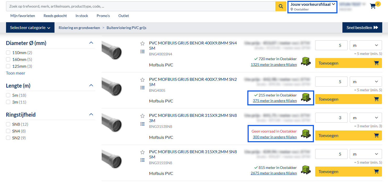 Voorraad van het voorkeursfiliaal in de Deschacht webshop