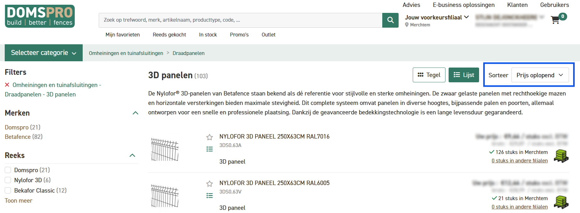Producten sorteren op prijs in de Domspro webshop