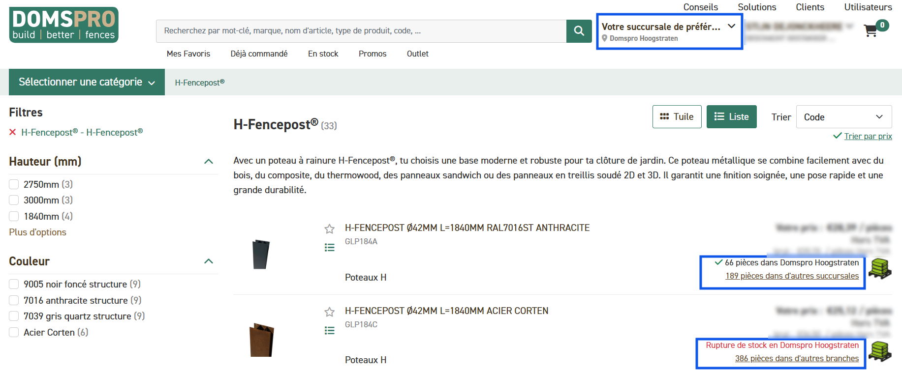 Stock de la succursale préférée dans la boutique en ligne Domspro